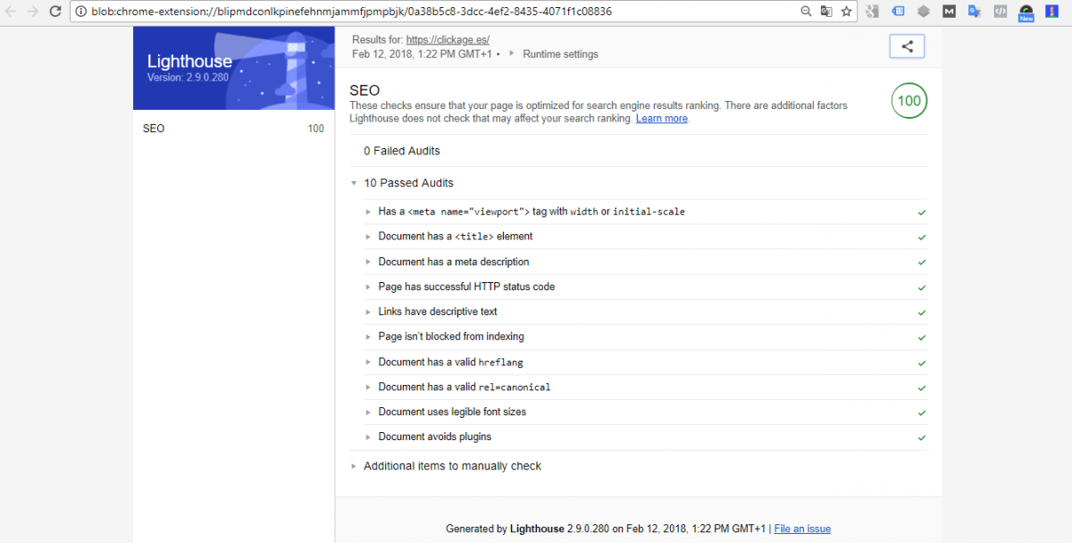 Auditoría SEO de clickage.es con Goole Lighthouse