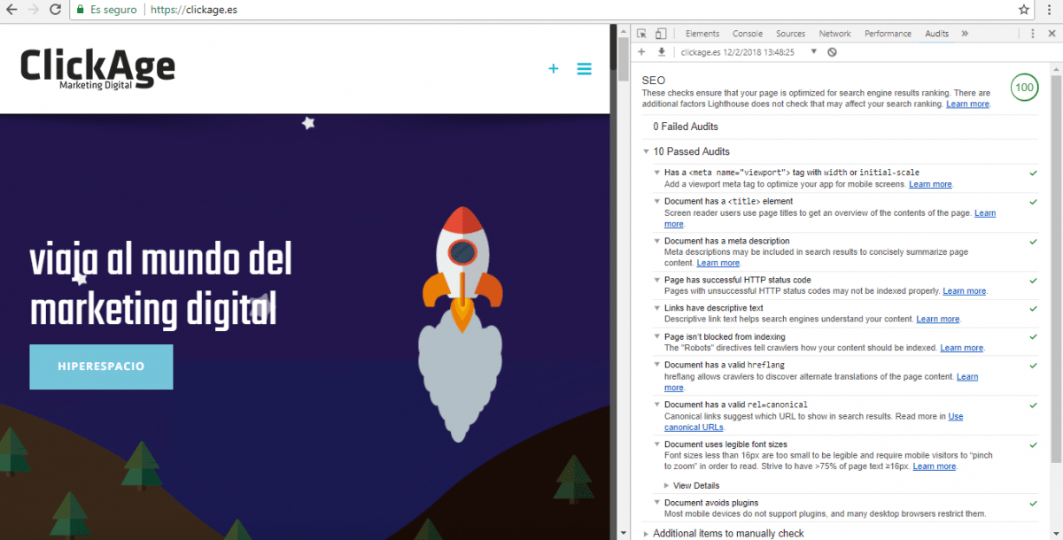 Resultados auditoría SEO en consola de Google Chrome Canary