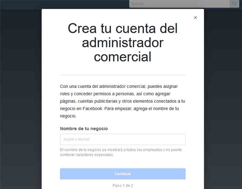 Business Manager te pedirá que escribas el nombre de tu empresa
