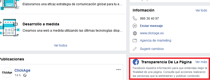 Pinchando en “Transparencia de la Página” accederás a los anuncios de una marca concreta que están en funcionamiento actualmente