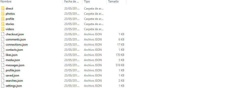 Una vez descomprimas el archivo ZIP tendrás acceso a toda la información de tu cuenta de Instagram, desde todas las stories que hayas publicado hasta las fotos, los comentarios, likes o imágenes enviadas por mensaje privado