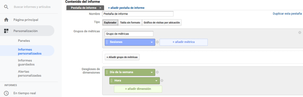 Lo importante dentro del informe de contenido de Analytics es seleccionar los usuarios y las sesiones así como las horas
