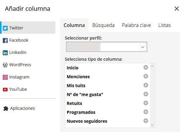 Puedes añadir y quitar las columnas de Hootsuite siempre que quieras
