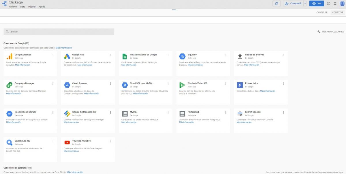 Google Data Studio tiene multitud de conectores como Google Analytics o YouTube Analytics