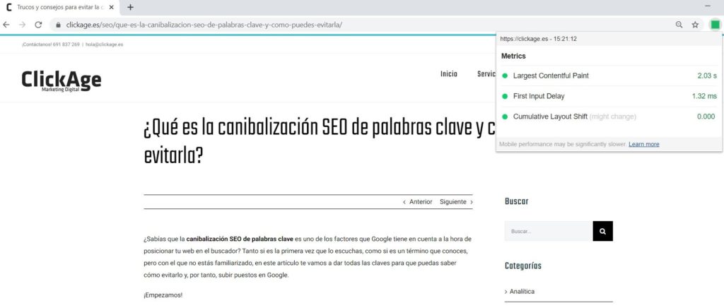 Al acceder a una página web, el color de Web Vitals puede ser verde, si todos los parámetros son óptimos o rojo, si alguno de ellos se puede mejorar