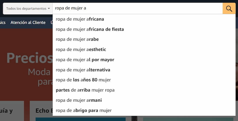 El buscador de Amazon te da sugerencias que puedes usar como keywords