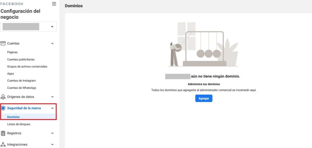 Todo el proceso de verificación del dominio en Facebook se hace desde el Business Manager