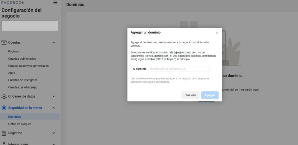 En la verificación del dominio en Facebook no se debe incluir un subdominio