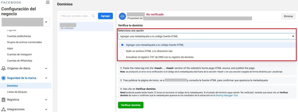 La verificación de la metaetiqueta es el método más sencillo para verificar un dominio en Facebook