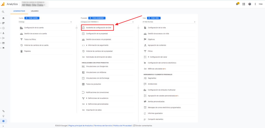 Abre el asistente de configuración de Google Analytics 4