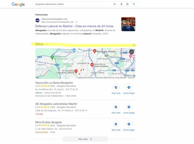 SERP con resultados de SEO Local (perfiles de empresa en el mapa) de abogados laboralistas madrid