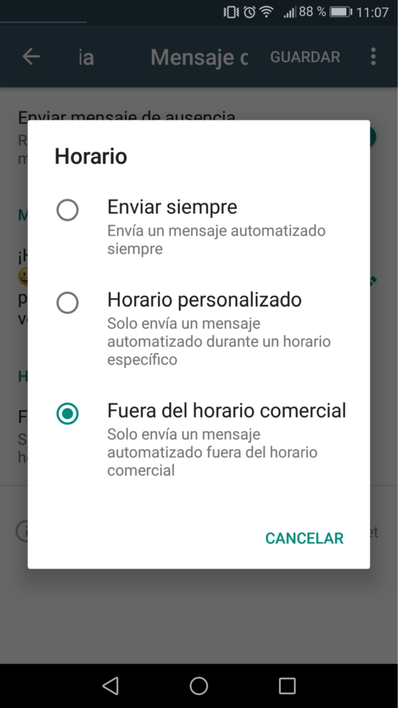 Configuración mensaje ausencia en WhatsApp Business